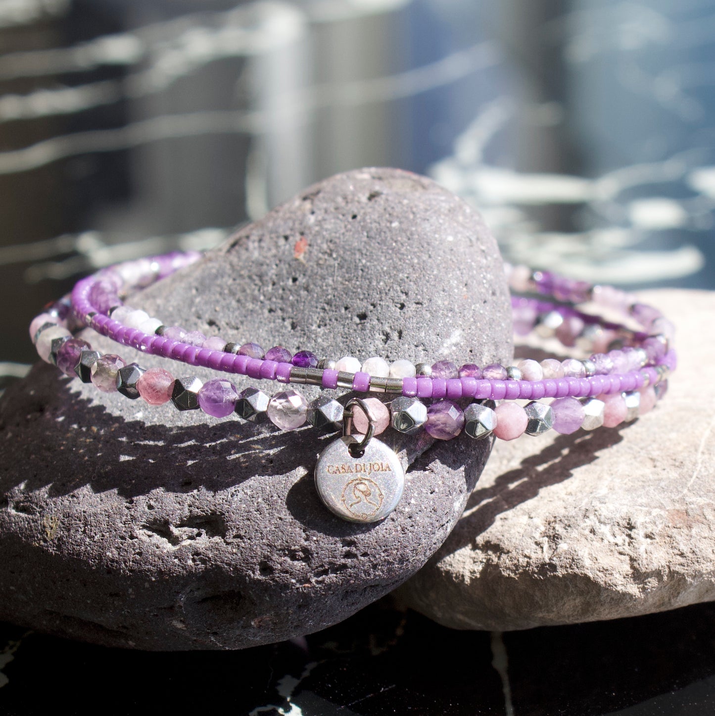 Bracelet Emma jonc 3 rangs en pierres naturelles et Miyuki doré ou argent