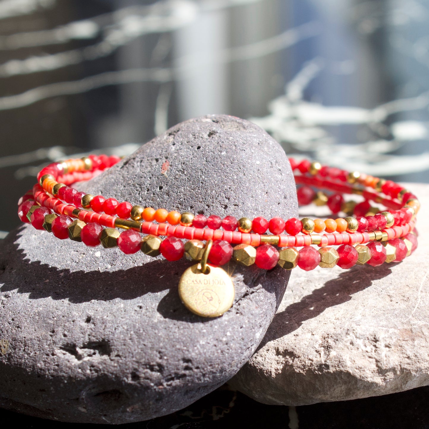 Bracelet Emma jonc 3 rangs en pierres naturelles et Miyuki doré ou argent