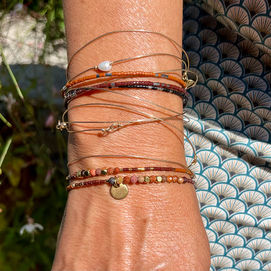 Bracelet Sandrina jonc 2 rangs en pierres naturelles et Miyuki doré ou argent