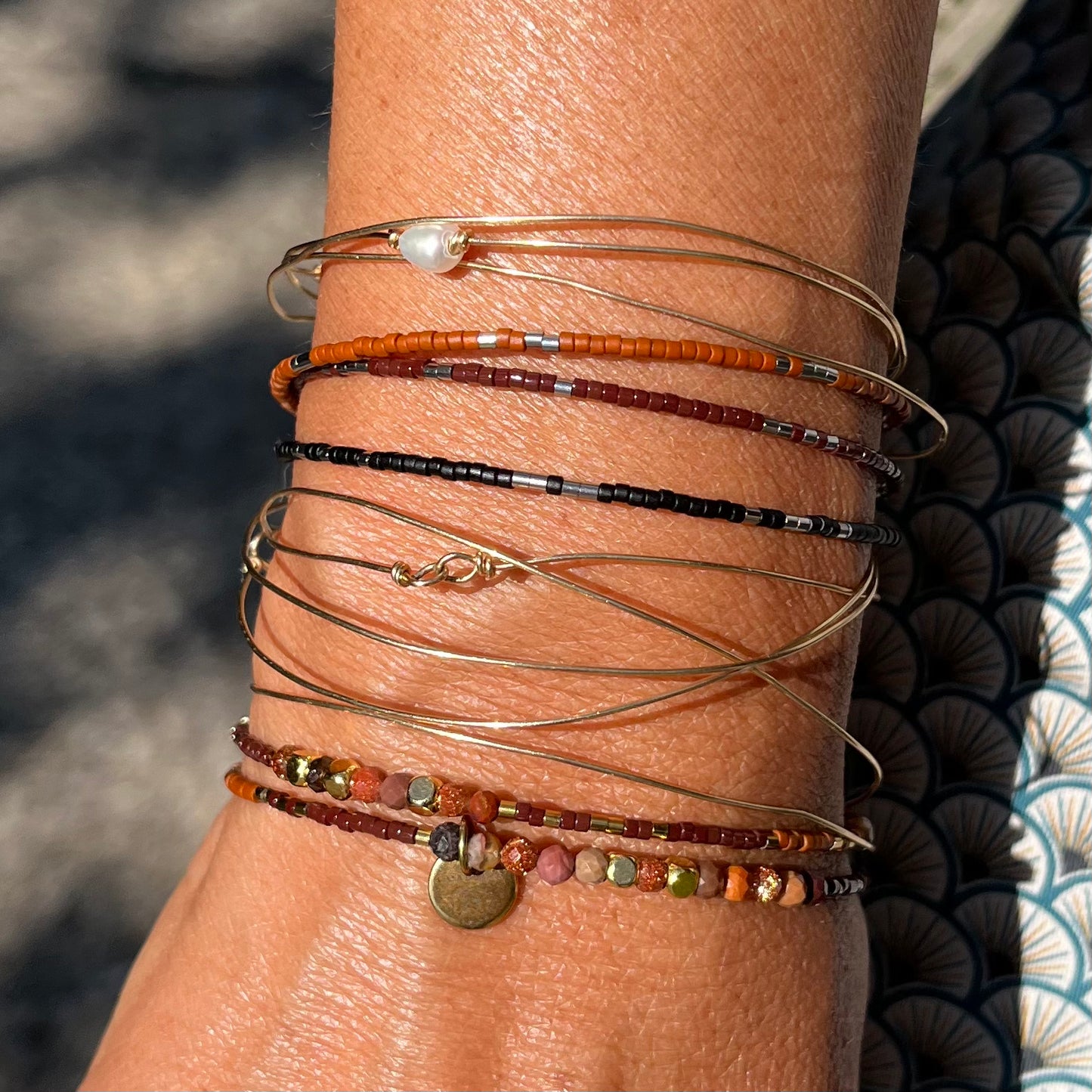 Bracelet Sandrina jonc 2 rangs en pierres naturelles et Miyuki doré ou argent