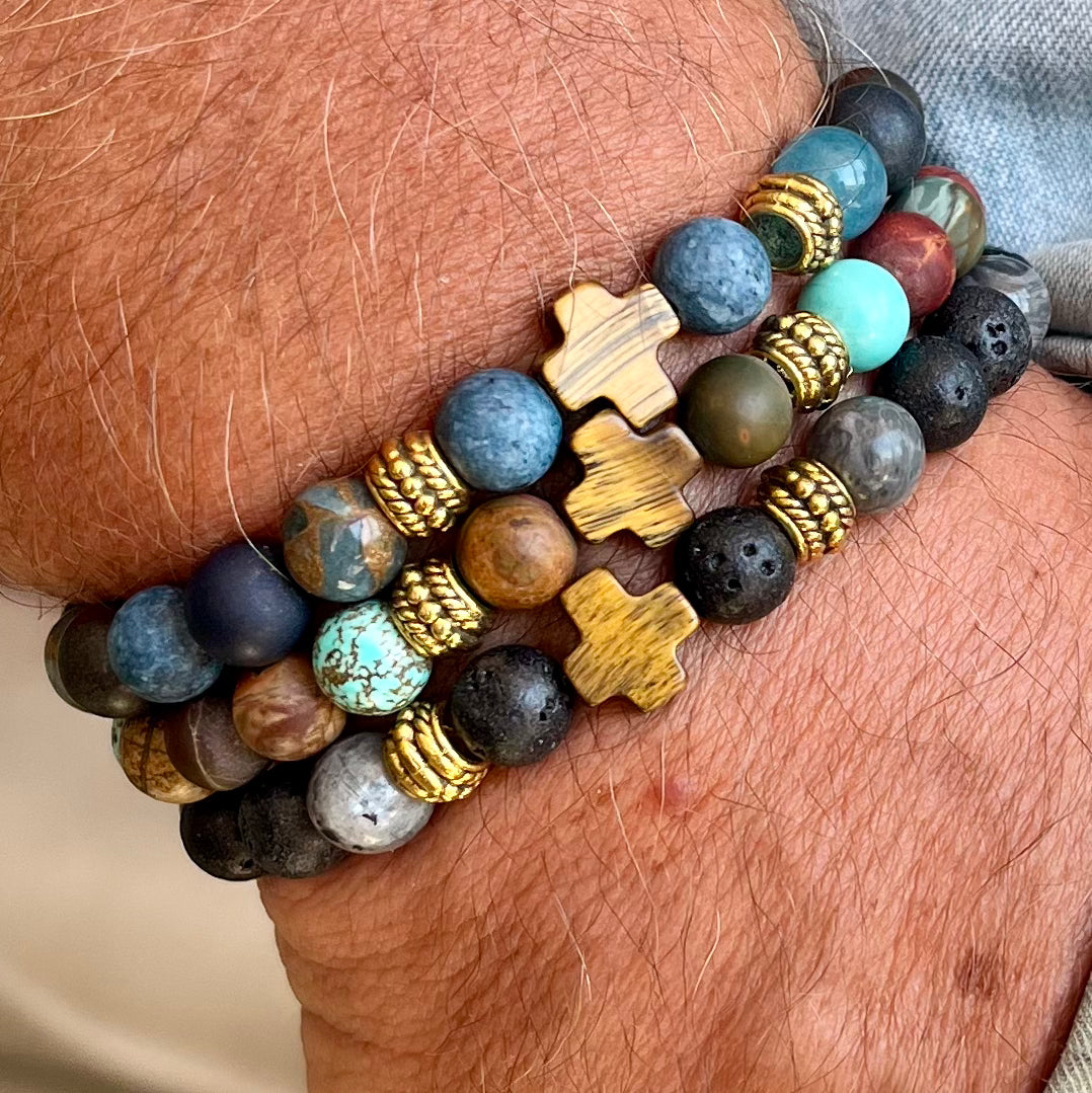 Bracelet Homme Jeannot en pierres naturelles et croix oeil de tigre