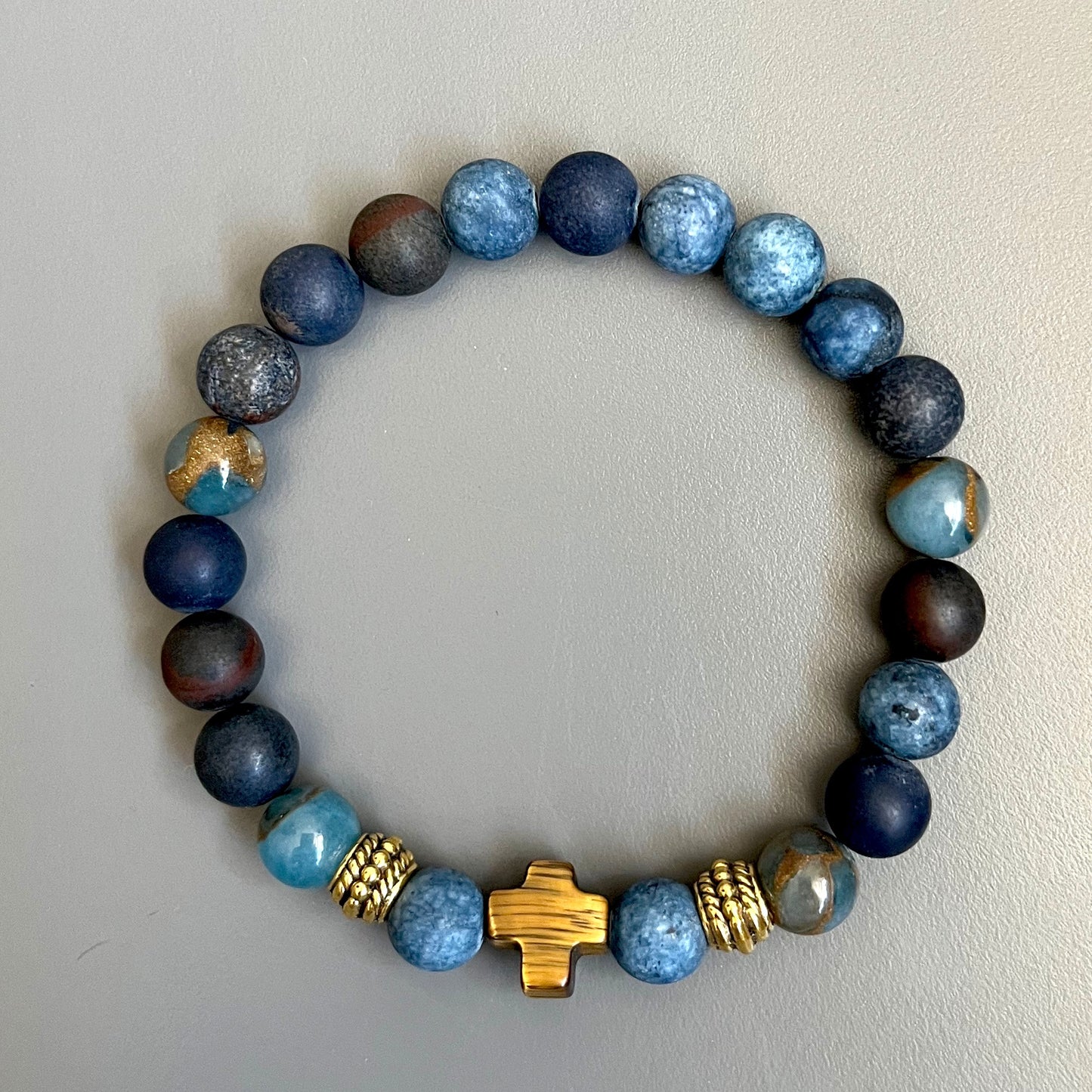 Bracelet Homme Jeannot en pierres naturelles et croix oeil de tigre