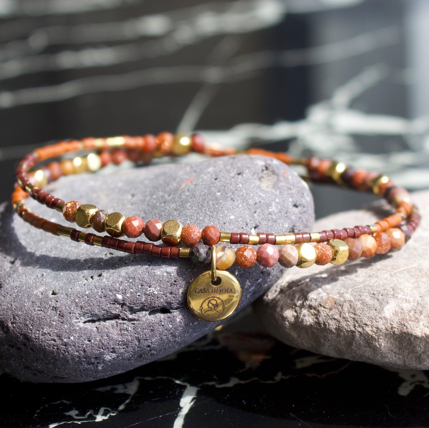 Bracelet Sandrina jonc 2 rangs en pierres naturelles et Miyuki doré ou argent