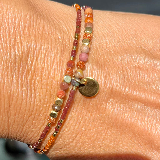 Bracelet Sandrina jonc 2 rangs en pierres naturelles et Miyuki doré ou argent