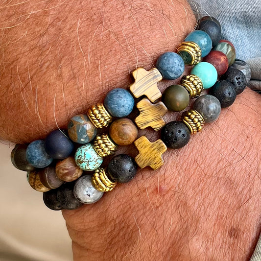 Bracelet Homme Jeannot en pierres naturelles et croix oeil de tigre