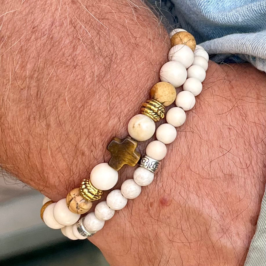 Bracelet Homme Jeannot en pierres naturelles et croix oeil de tigre
